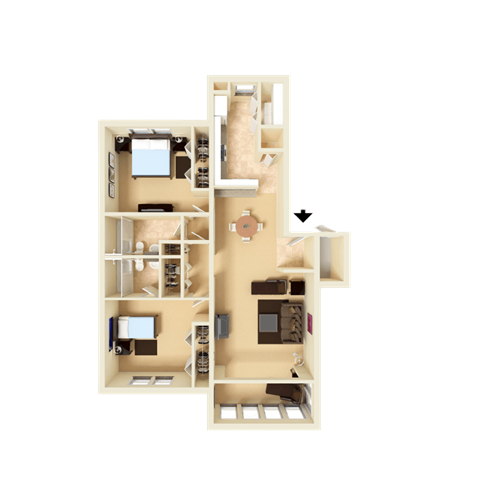 Floor plan for 2 beds, 2 baths, 1036 sqft